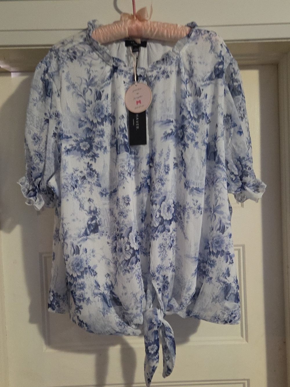 Blue Floral Tie-Hem Peasant Blouse